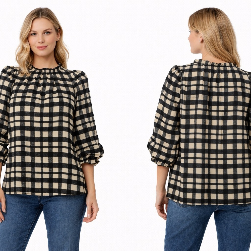 Black Tan Plaid Blouse Puff Sleeve Ruffle Neck Top Women Preppy Size Medium